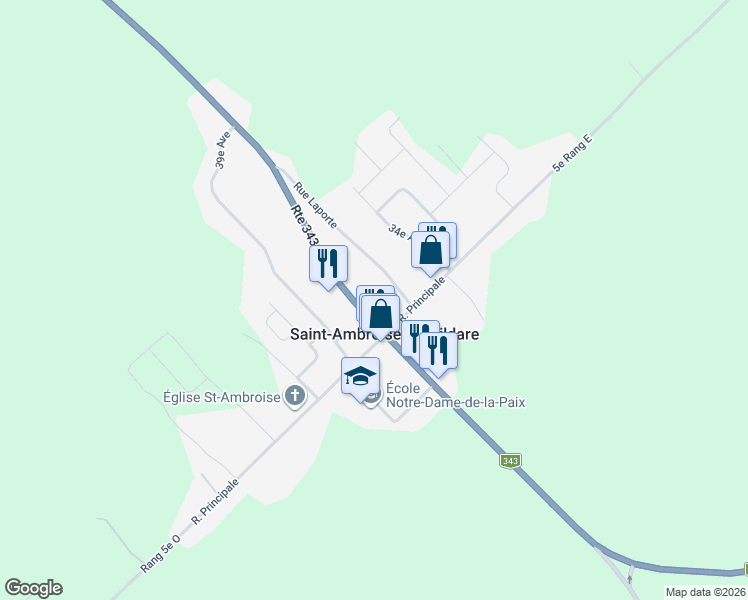 map of restaurants, bars, coffee shops, grocery stores, and more near 1040 Québec 343 in Saint-Alphonse-Rodriguez