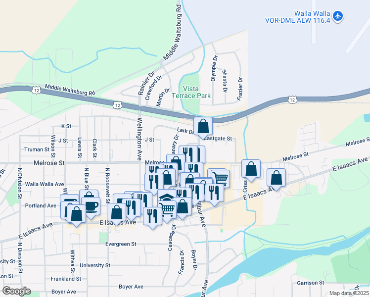 map of restaurants, bars, coffee shops, grocery stores, and more near 634 Cardinal Drive in Walla Walla