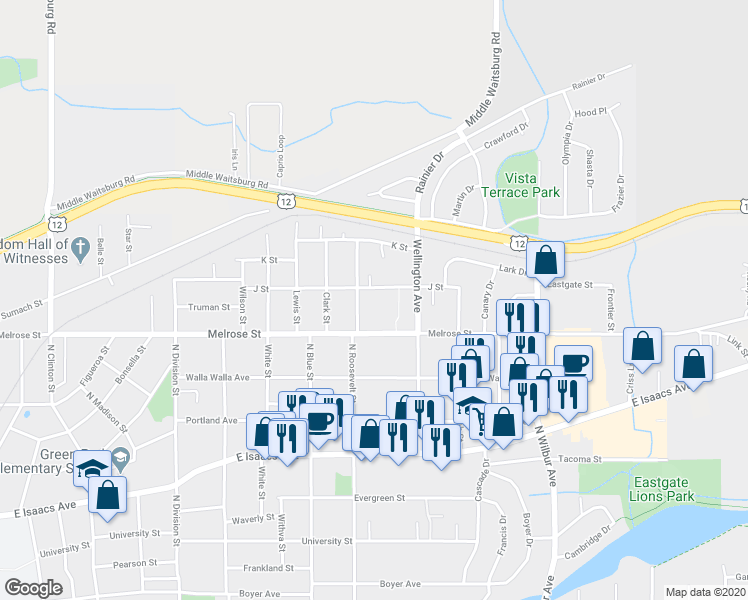 map of restaurants, bars, coffee shops, grocery stores, and more near 1929 J Street in Walla Walla