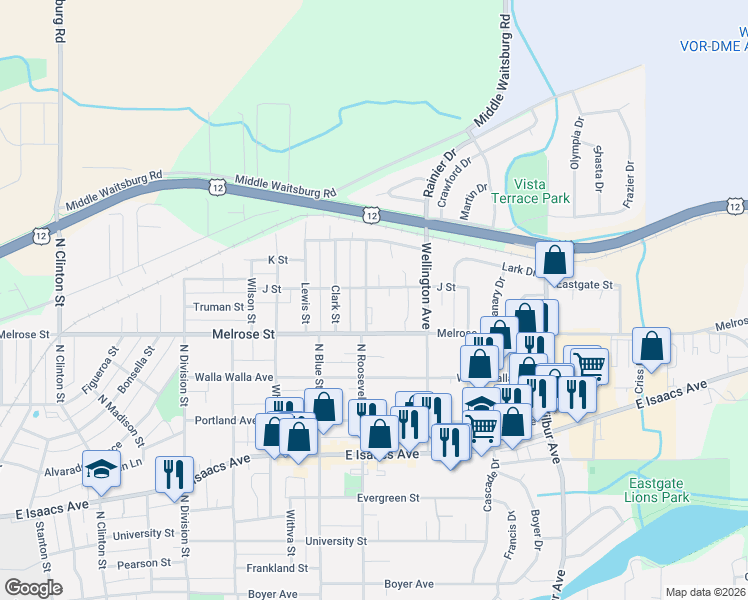 map of restaurants, bars, coffee shops, grocery stores, and more near 703 North Roosevelt Street in Walla Walla