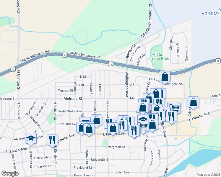 map of restaurants, bars, coffee shops, grocery stores, and more near 703 North Roosevelt Street in Walla Walla