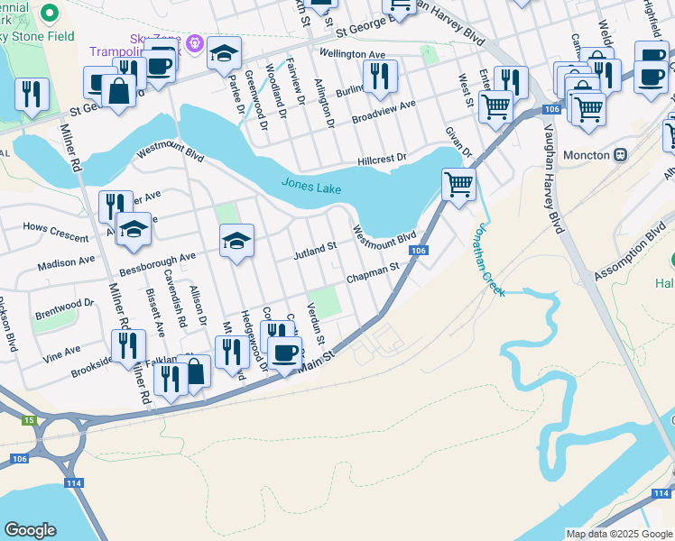 map of restaurants, bars, coffee shops, grocery stores, and more near 60 Upton Street in Moncton