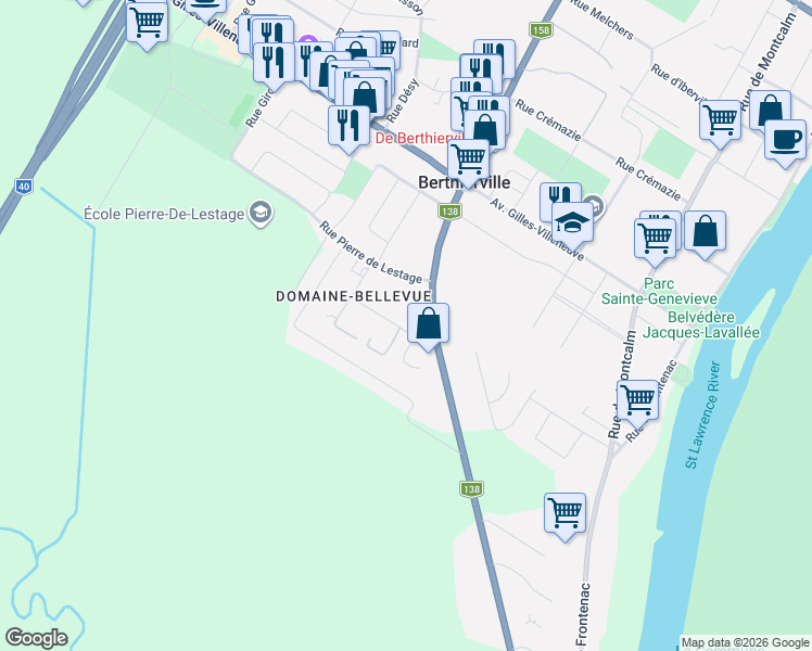 map of restaurants, bars, coffee shops, grocery stores, and more near 610 Rue du Domaine Bellevue in Berthierville