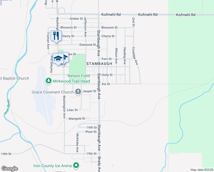 map of restaurants, bars, coffee shops, grocery stores, and more near 899 Roosevelt Avenue in Iron River
