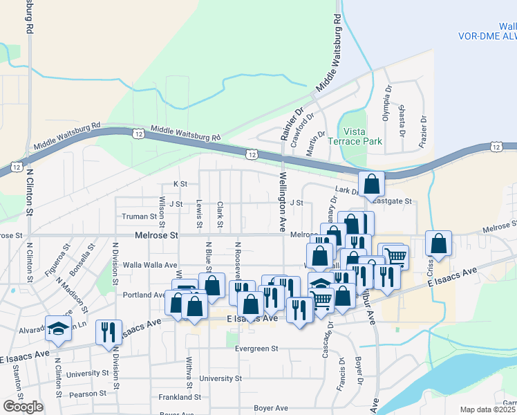 map of restaurants, bars, coffee shops, grocery stores, and more near 1929 J Street in Walla Walla