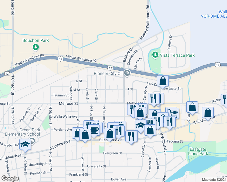 map of restaurants, bars, coffee shops, grocery stores, and more near 1928 J Street in Walla Walla
