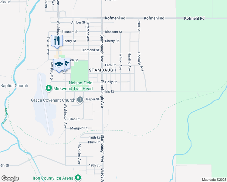 map of restaurants, bars, coffee shops, grocery stores, and more near 899 Roosevelt Avenue in Iron River
