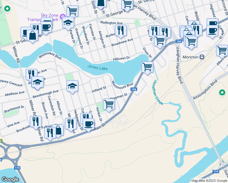 map of restaurants, bars, coffee shops, grocery stores, and more near Newton Street in Moncton
