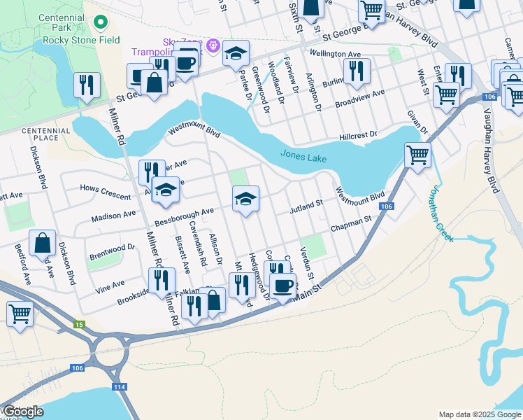 map of restaurants, bars, coffee shops, grocery stores, and more near 91 Coronation Drive in Moncton