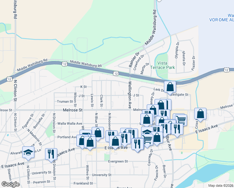 map of restaurants, bars, coffee shops, grocery stores, and more near 1928 J Street in Walla Walla