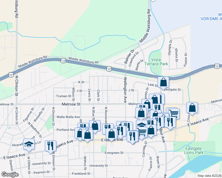 map of restaurants, bars, coffee shops, grocery stores, and more near 1918 J Street in Walla Walla