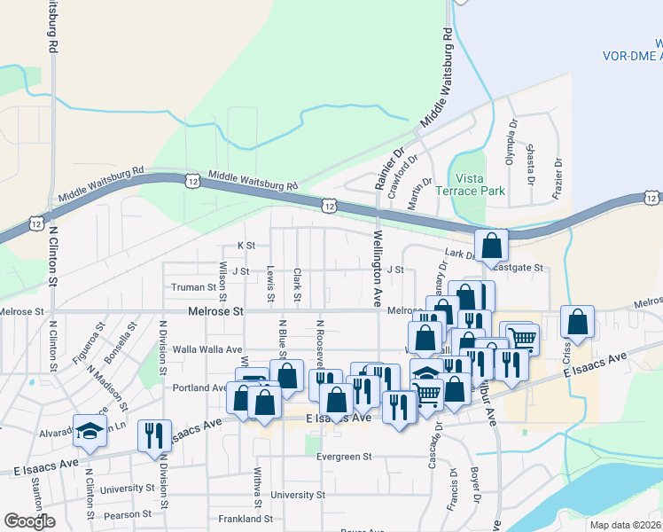 map of restaurants, bars, coffee shops, grocery stores, and more near 703 North Roosevelt Street in Walla Walla