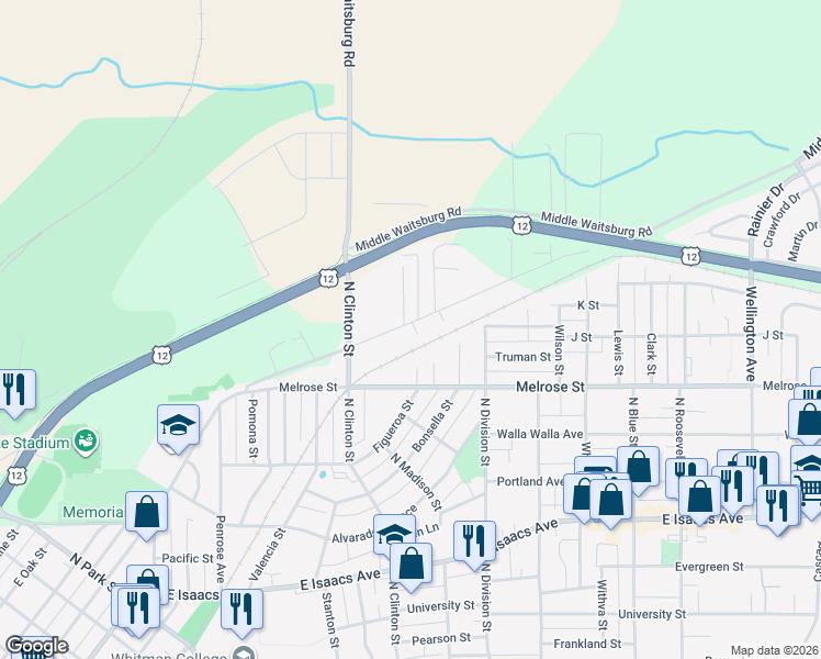 map of restaurants, bars, coffee shops, grocery stores, and more near 1402 East Sumach Street in Walla Walla