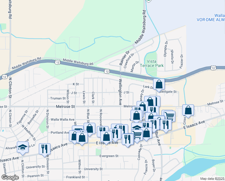 map of restaurants, bars, coffee shops, grocery stores, and more near 1929 J Street in Walla Walla