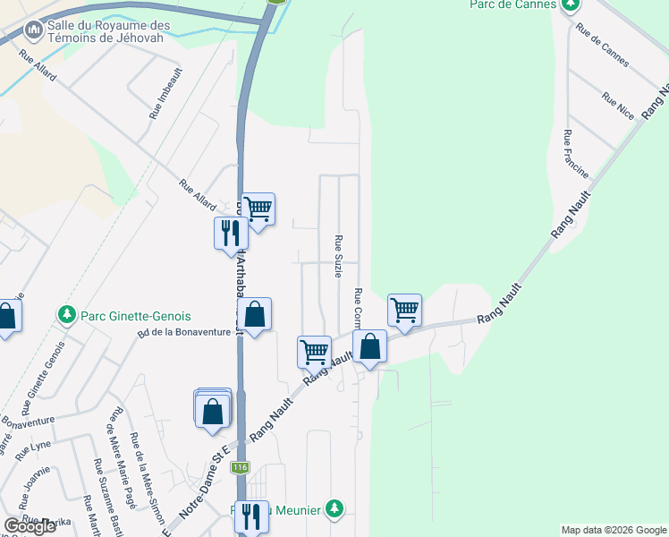 map of restaurants, bars, coffee shops, grocery stores, and more near 15 Rue Suzie in Victoriaville