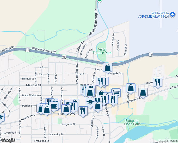 map of restaurants, bars, coffee shops, grocery stores, and more near 2004 Lark Drive in Walla Walla
