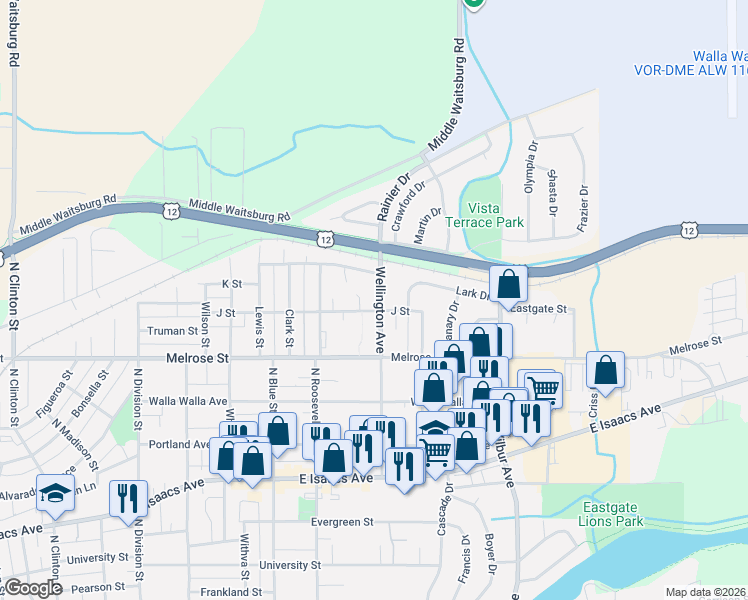 map of restaurants, bars, coffee shops, grocery stores, and more near 704 Wellington Avenue in Walla Walla