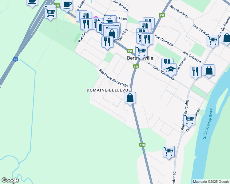 map of restaurants, bars, coffee shops, grocery stores, and more near 682 Rue du Domaine Bellevue in Berthierville