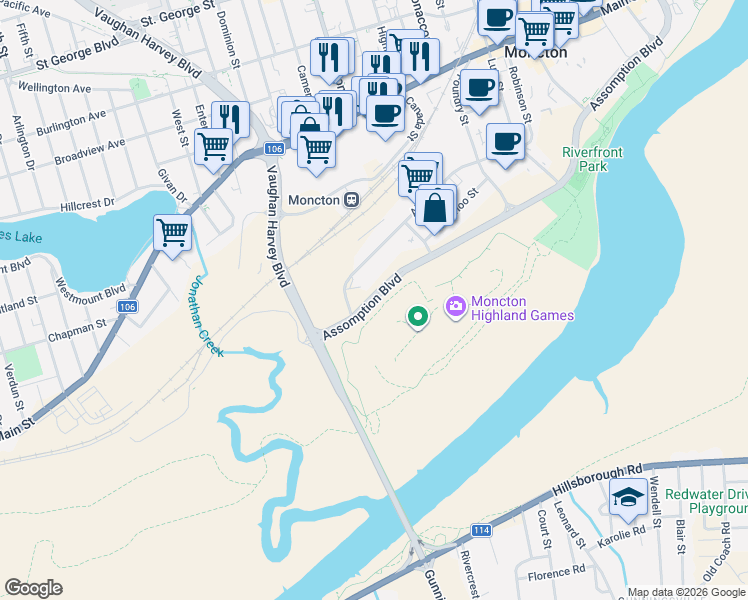 map of restaurants, bars, coffee shops, grocery stores, and more near 250 Assomption Boulevard in Moncton
