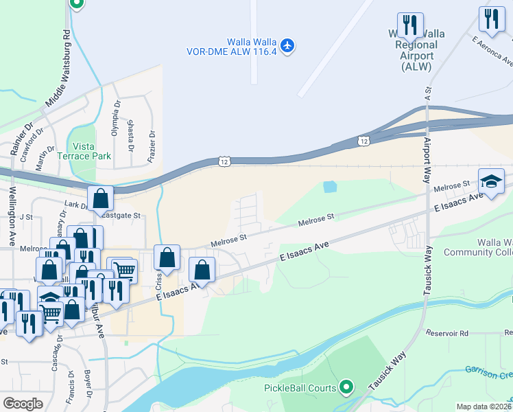 map of restaurants, bars, coffee shops, grocery stores, and more near Pima in Walla Walla