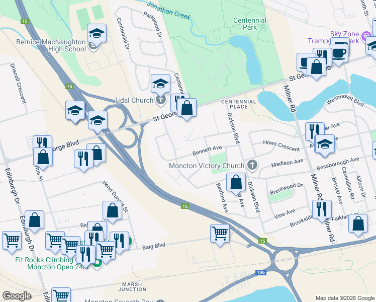 map of restaurants, bars, coffee shops, grocery stores, and more near 87 Bennett Avenue in Moncton
