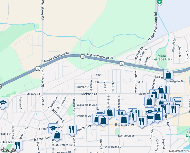 map of restaurants, bars, coffee shops, grocery stores, and more near 702 Wilson Street in Walla Walla