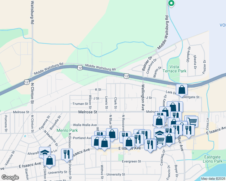 map of restaurants, bars, coffee shops, grocery stores, and more near 1815 J Street in Walla Walla