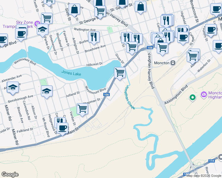 map of restaurants, bars, coffee shops, grocery stores, and more near 1636 Main Street in Moncton