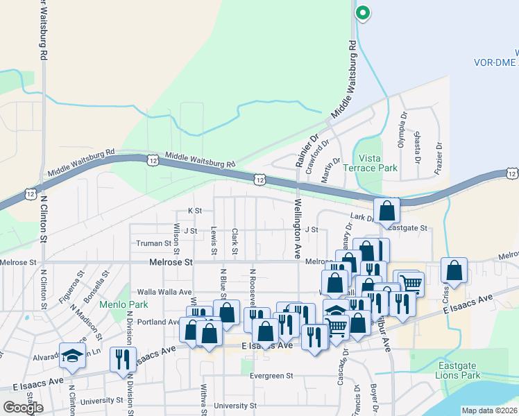 map of restaurants, bars, coffee shops, grocery stores, and more near 804 Roosevelt Court in Walla Walla