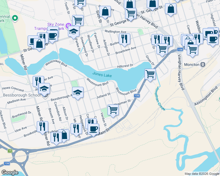 map of restaurants, bars, coffee shops, grocery stores, and more near in Moncton