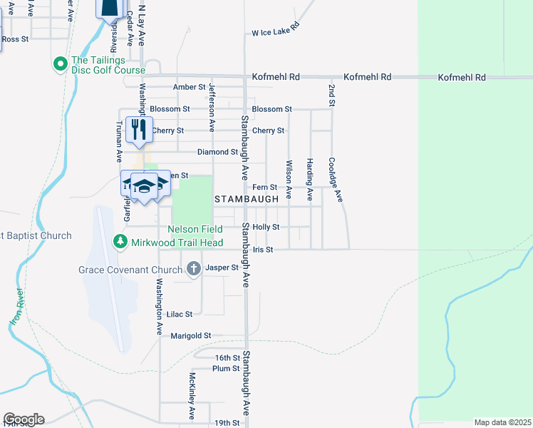 map of restaurants, bars, coffee shops, grocery stores, and more near 711 Roosevelt Ave in Iron River