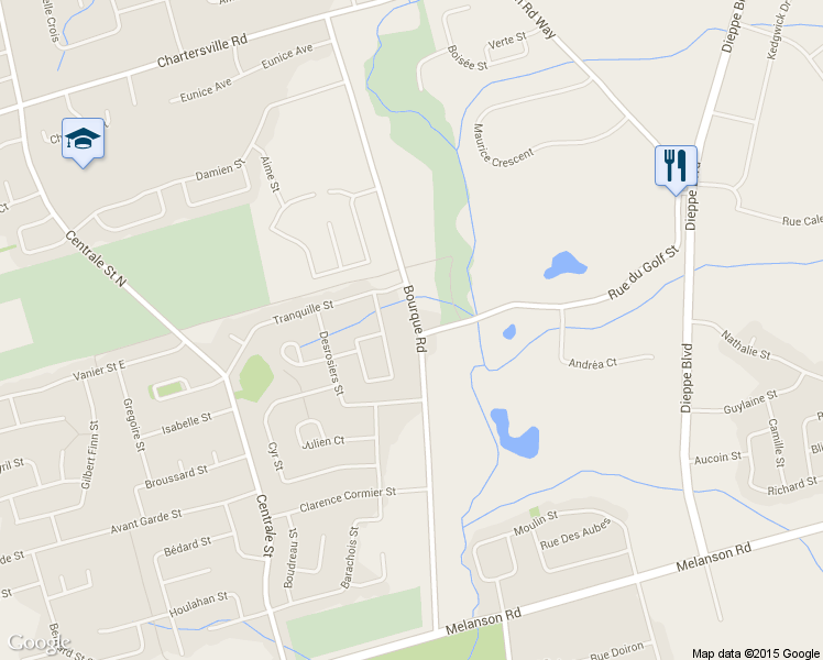 map of restaurants, bars, coffee shops, grocery stores, and more near 1011 Bourque Road in Dieppe