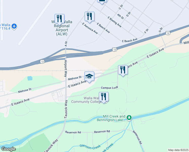 map of restaurants, bars, coffee shops, grocery stores, and more near 3081 East Isaacs Avenue in Walla Walla