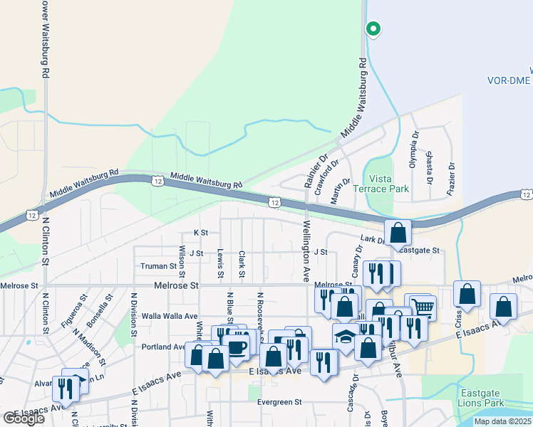 map of restaurants, bars, coffee shops, grocery stores, and more near 1901 K Street in Walla Walla