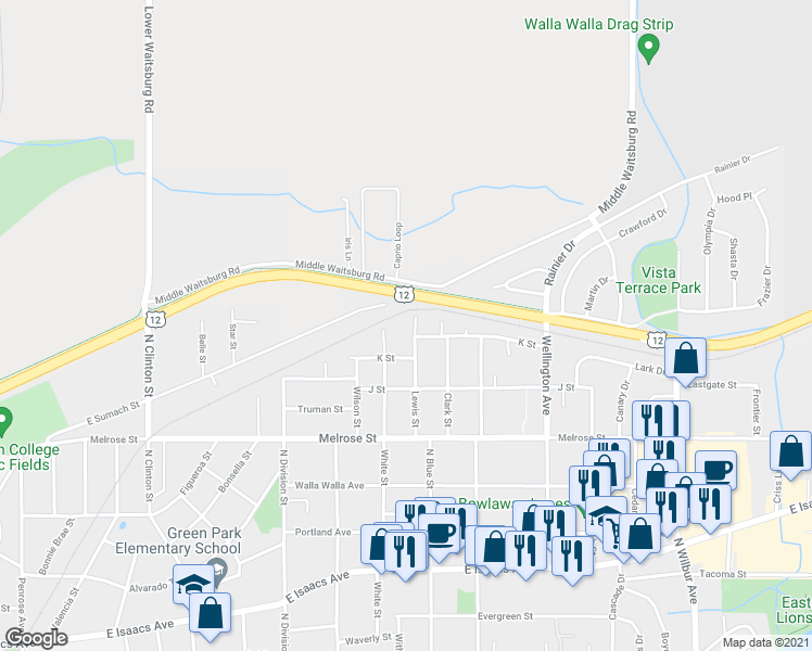 map of restaurants, bars, coffee shops, grocery stores, and more near in Walla Walla