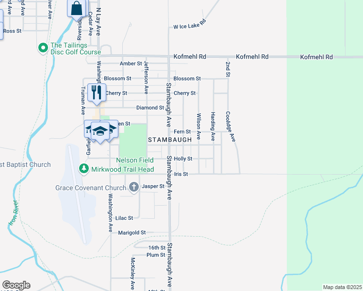 map of restaurants, bars, coffee shops, grocery stores, and more near 701-711 Roosevelt Ave in Iron River