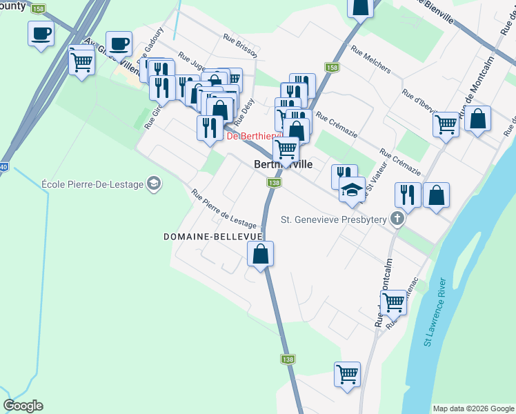 map of restaurants, bars, coffee shops, grocery stores, and more near 864 Rue Notre Dame in Berthierville