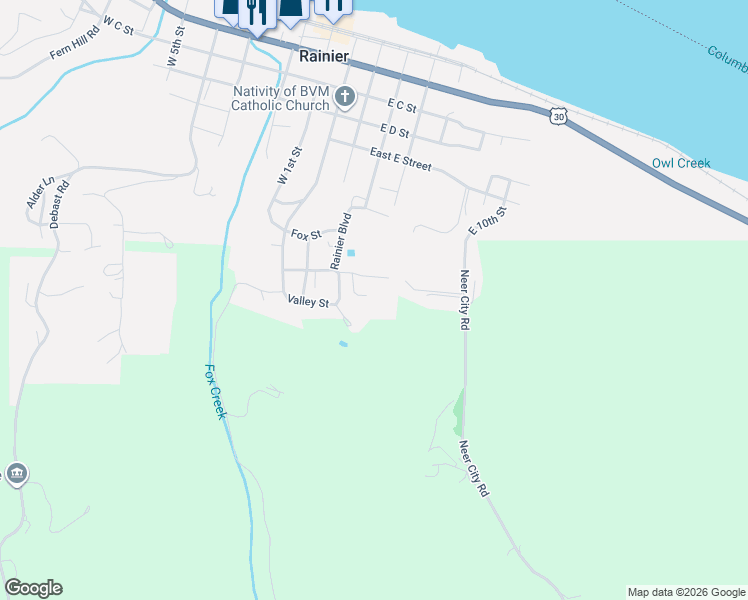 map of restaurants, bars, coffee shops, grocery stores, and more near Richards Dr in Rainier