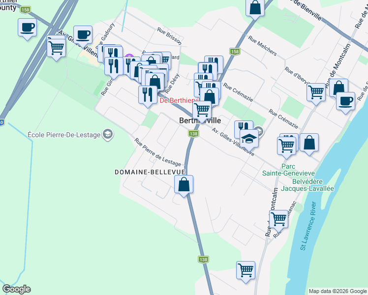 map of restaurants, bars, coffee shops, grocery stores, and more near 862 Rue Notre Dame in Berthierville
