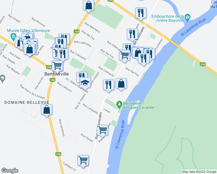 map of restaurants, bars, coffee shops, grocery stores, and more near 712 Rue Montcalm in Berthierville