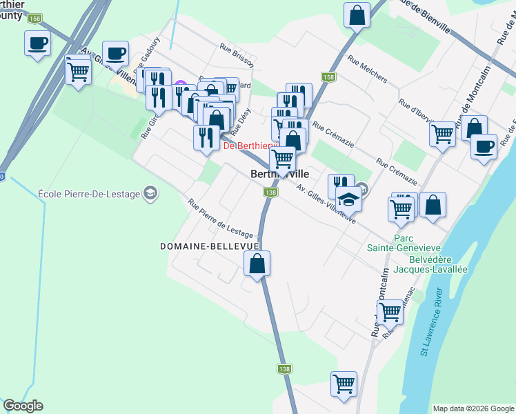 map of restaurants, bars, coffee shops, grocery stores, and more near 860 Rue Notre Dame in Berthierville