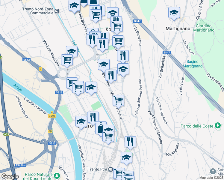 map of restaurants, bars, coffee shops, grocery stores, and more near 182 Via del Brennero in Trento
