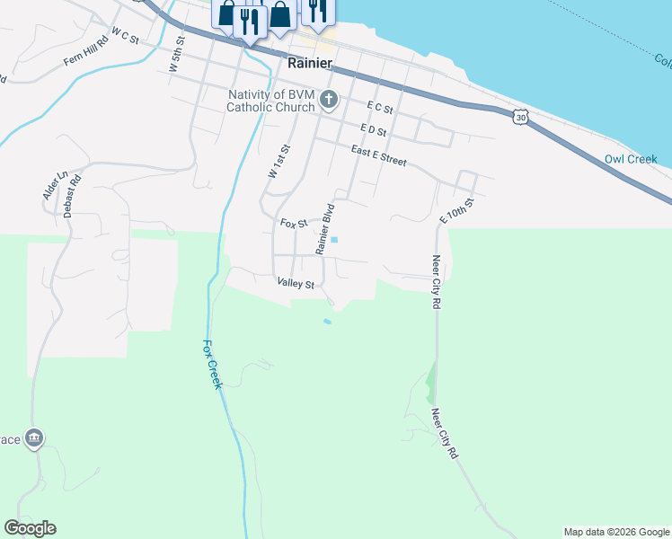 map of restaurants, bars, coffee shops, grocery stores, and more near Richards Dr in Rainier