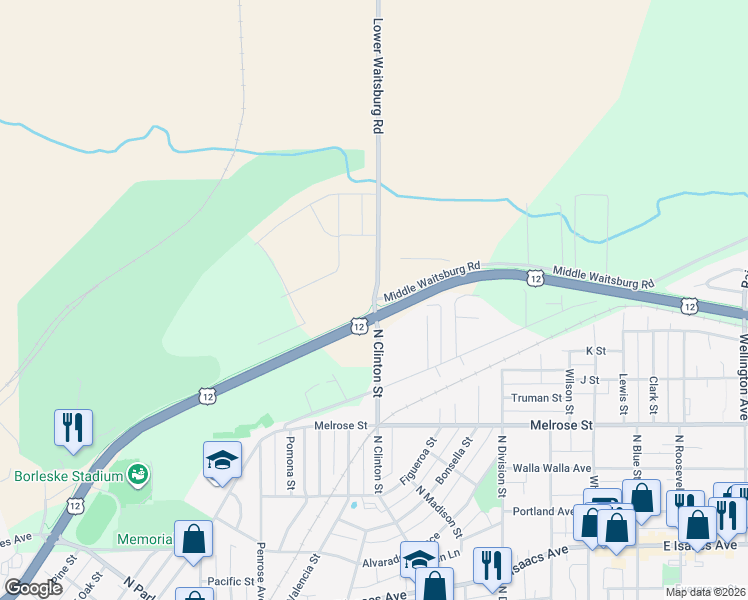 map of restaurants, bars, coffee shops, grocery stores, and more near 1301 Lower Waitsburg Road in Walla Walla