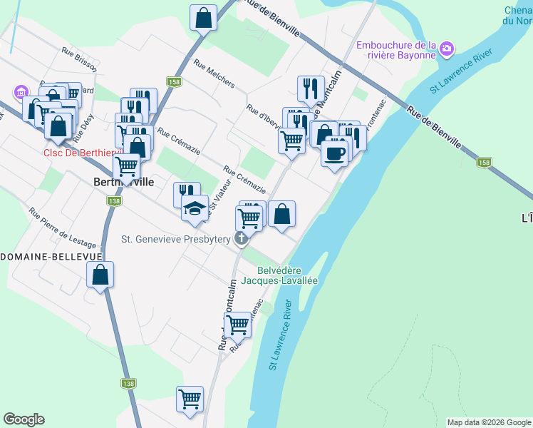 map of restaurants, bars, coffee shops, grocery stores, and more near 687 Rue Montcalm in Berthierville
