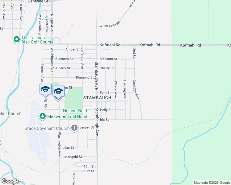 map of restaurants, bars, coffee shops, grocery stores, and more near Fern Street in Iron River