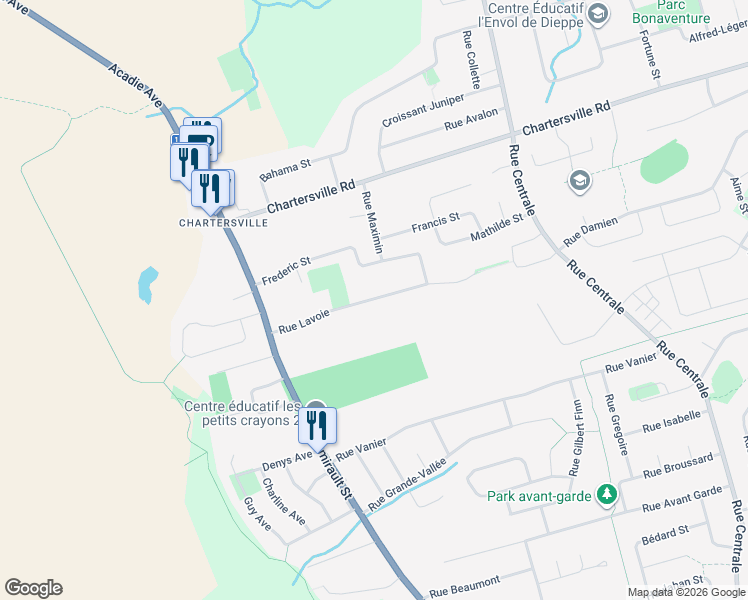 map of restaurants, bars, coffee shops, grocery stores, and more near Rue Lavoie in Dieppe