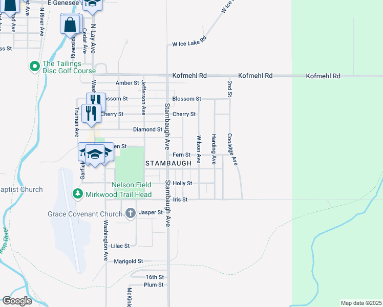 map of restaurants, bars, coffee shops, grocery stores, and more near 515-599 Roosevelt Ave in Iron River