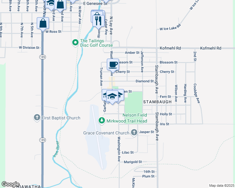 map of restaurants, bars, coffee shops, grocery stores, and more near 615 Washington Avenue in Iron River