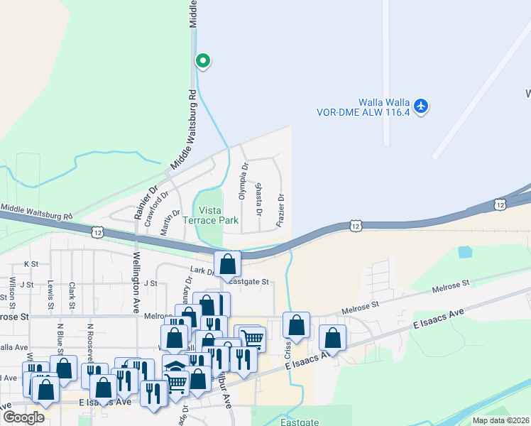 map of restaurants, bars, coffee shops, grocery stores, and more near 912 Shasta Drive in Walla Walla